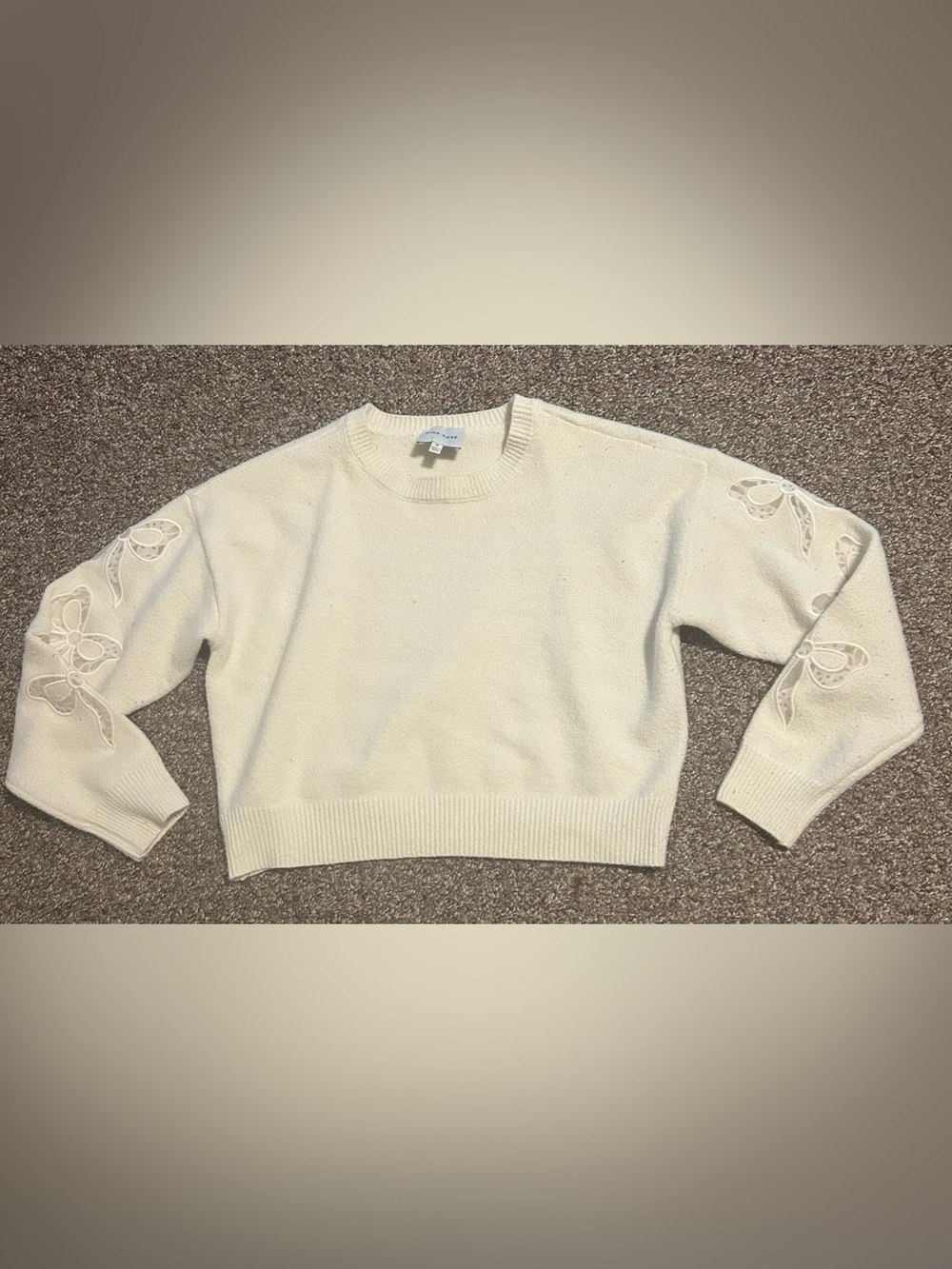 Pink Rose M Women’s Cream Embroidered Bow Long Sleeve Crewneck Cropped Sweater